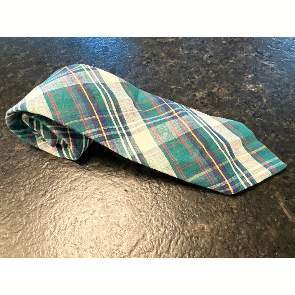 Vintage 1980's Pendleton Men's Tie 100% Cotton Green, Purple, and White